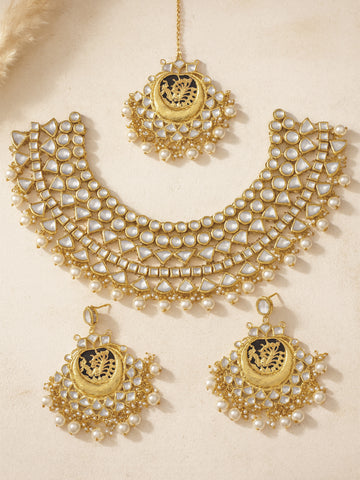 Gold Plated Pearl Beads Kundan Bridal Necklace Set