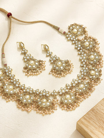 Traditional Gold Plated Moon Shaped White Kundan Studded Necklace Set