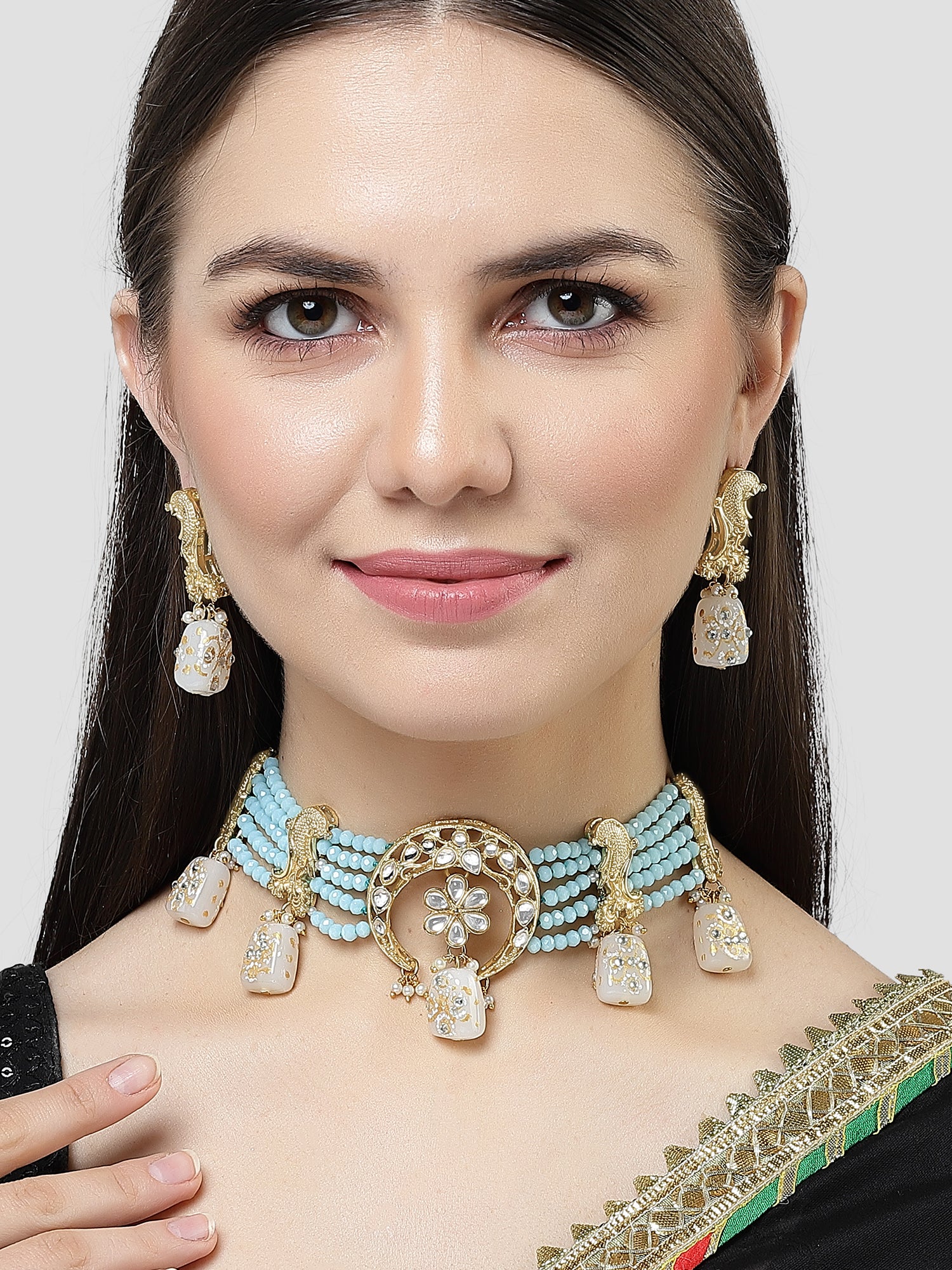 Karatcart White Designer Tumble Light Blue Crystal Beaded Kundan Choke