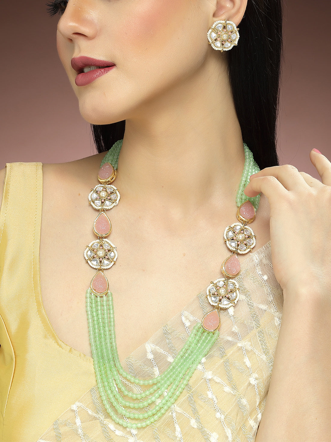 Karatcart Light Green Beaded Pink Carved Stone Kundan Rani Haar Necklace Set for Women