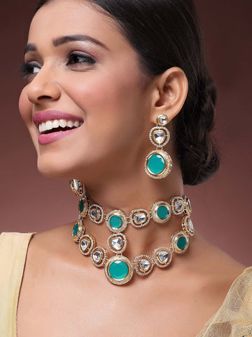 Karatcart Gold Plated Green Polki Classic Necklace Set for Women