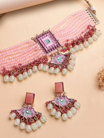 KARATCART Gold-Plated Pink and Lime Green Beaded Meenakari Kundan Choker Necklace Set for Women