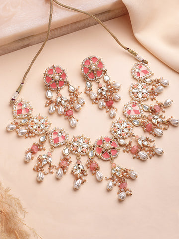 KARATCART Designer Gold Plated Two-Tone Pink Meena Kundan Necklace Set for Women