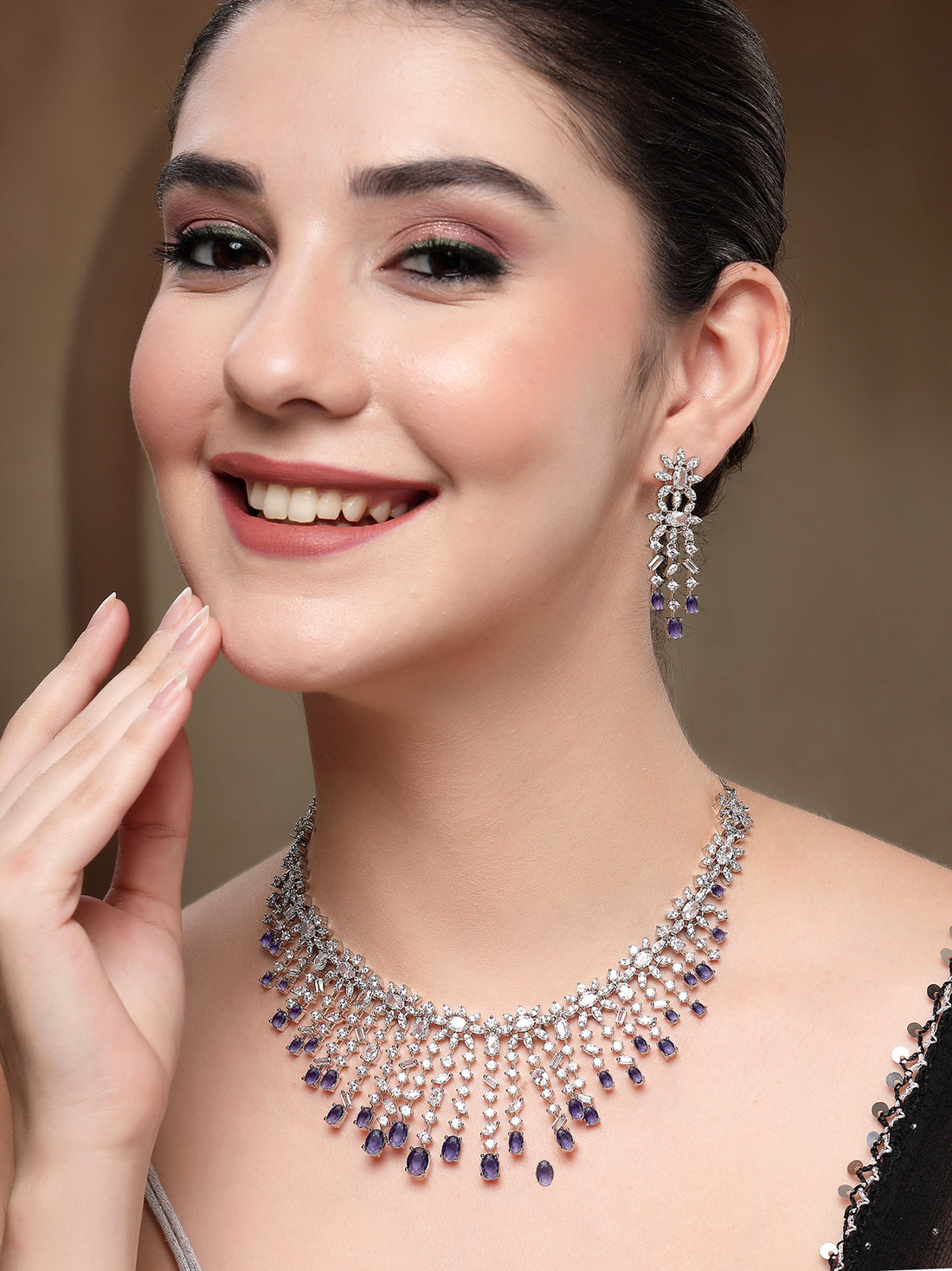 KARATCART Sparkling Purple American Diamond Silver-Plated Jewellery Set for Women