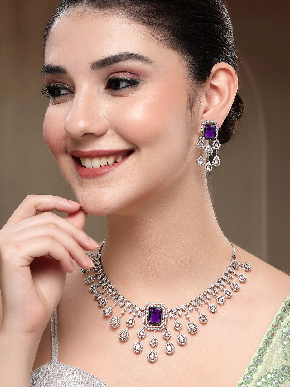 KARATCART Dazzling Purple Square American Diamond Silver-Plated Jewellery Set for Women