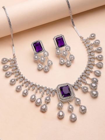 KARATCART Dazzling Purple Square American Diamond Silver-Plated Jewellery Set for Women