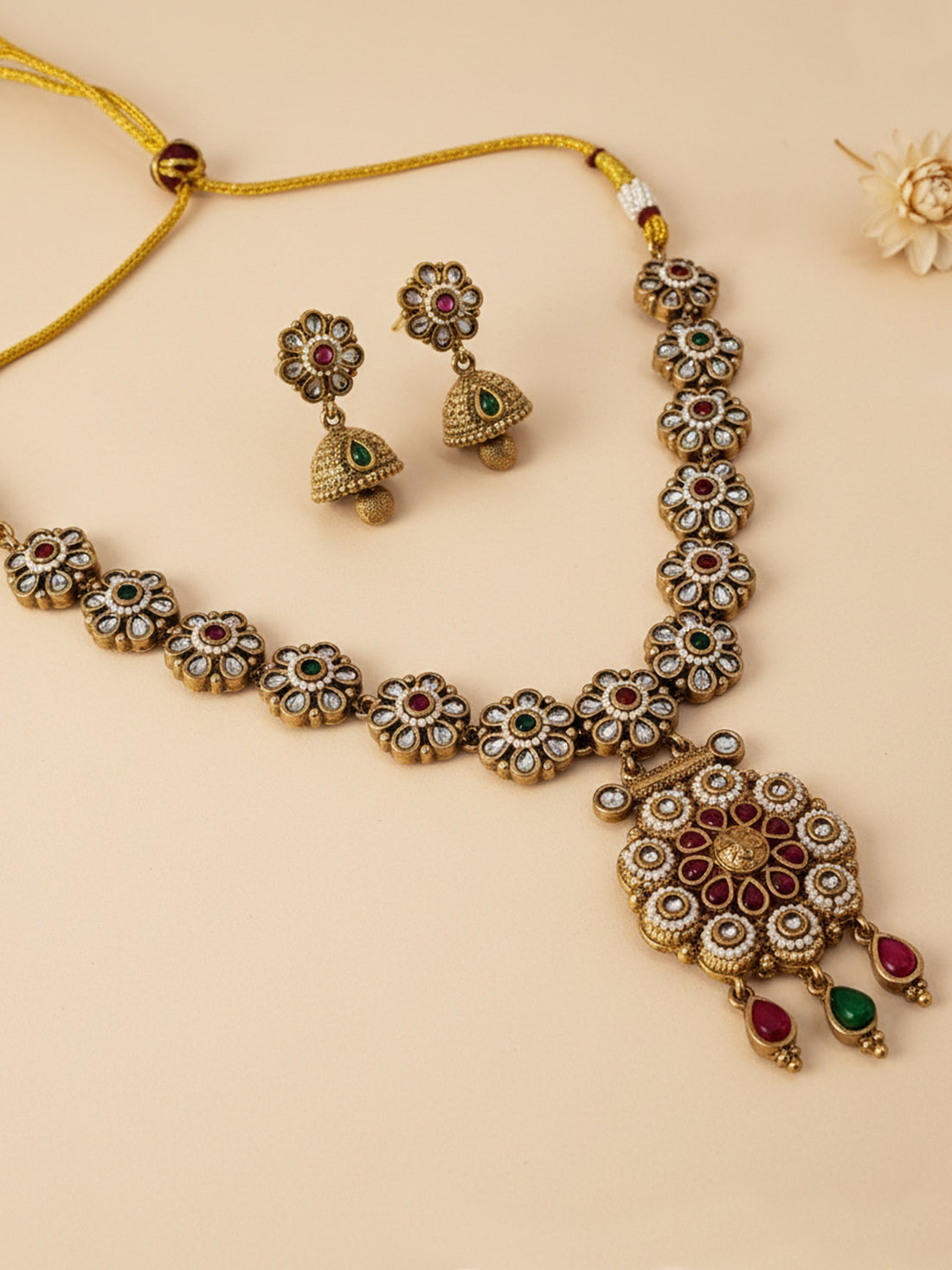 KARATCART Traditional Gold-Plated Multicolor Stone Floral Design Necklace Set for Women