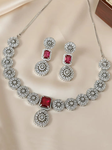 KARATCART Sparkling Red American Diamond Silver-Tone Jewellery Set for Women