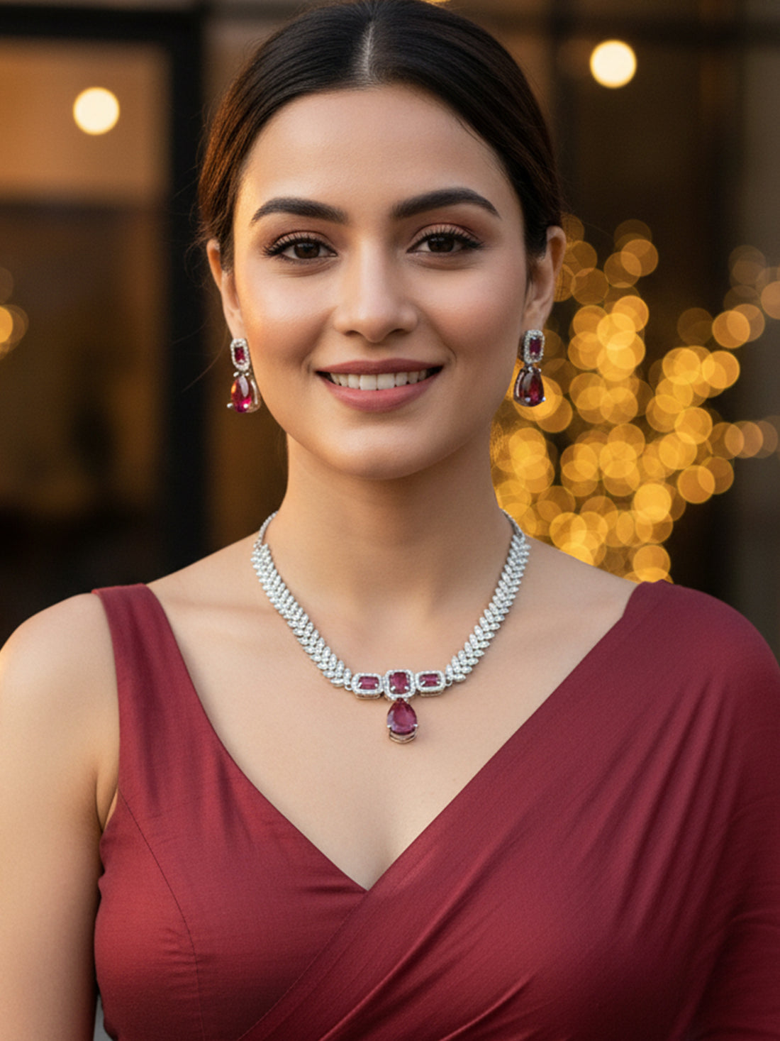 KARATCART Dazzling Red Drop American Diamond Silver Tone Jewellery Set for Women