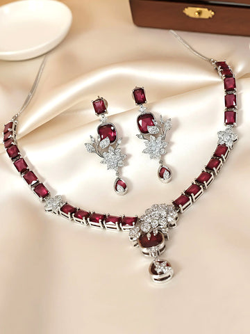 KARATCART Dazzling Red American Diamond Silver Tone Floral Jewellery Set for Women