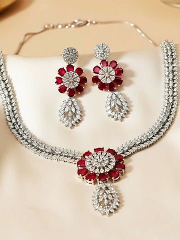 KARATCART Sparkling Red Floral Long American Diamond Silver-Tone Jewellery Set for Women