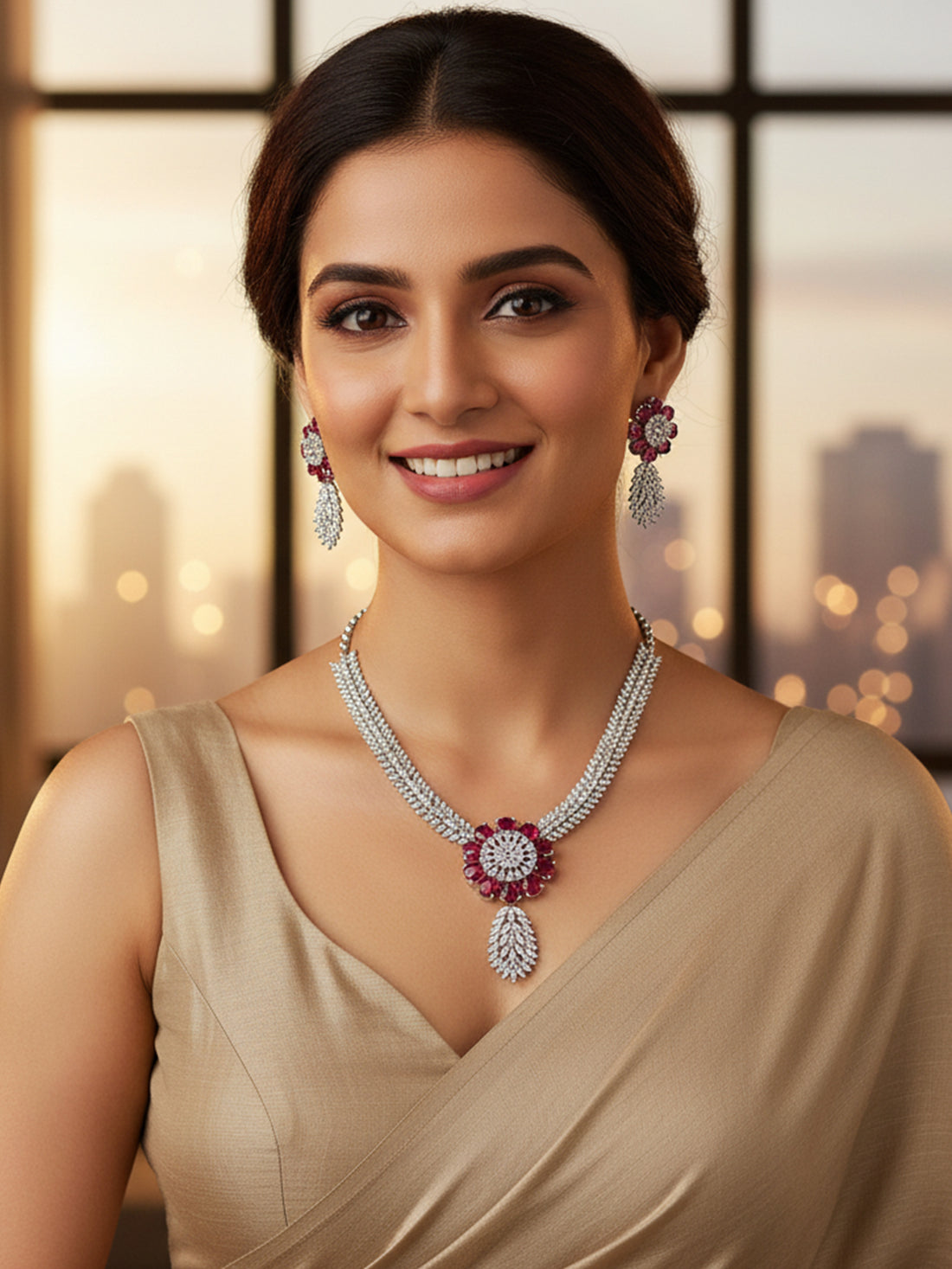 KARATCART Sparkling Red Floral Long American Diamond Silver-Tone Jewellery Set for Women