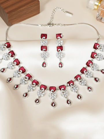 KARATCART Elegant Ruby Red American Diamond Silver Plated Jewellery Set for Women