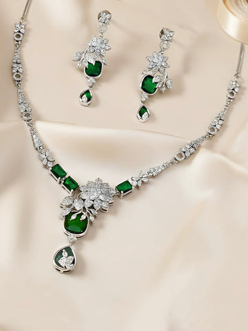 KARATCART Sparkling Green American Diamond Silver Tone Floral Jewellery Set for Women
