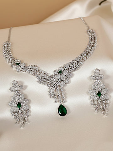 KARATCART Dazzling Green American Diamond Silver Tone Floral Necklace Set for Women
