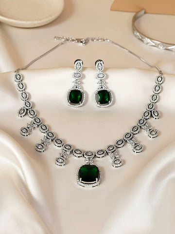 KARATCART Elegant Green American Diamond Square Silver Tone Necklace Set for Women