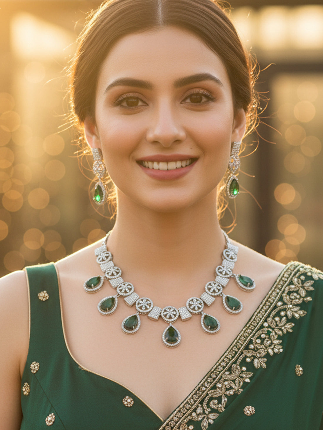 KARATCART Silver Plated Green Teardrop American Diamond Classic Jewellery Set for Women