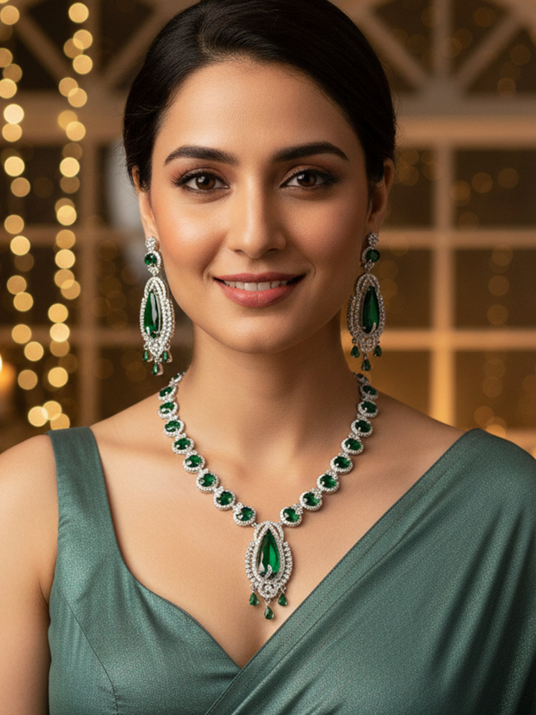 KARATCART Designer Green Teardrop Silver Plated American Diamond Classic Jewellery Set for Women