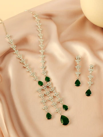KARATCART Elegant Green American Diamond Studded Silver Tone Long Jewellery Set for Women
