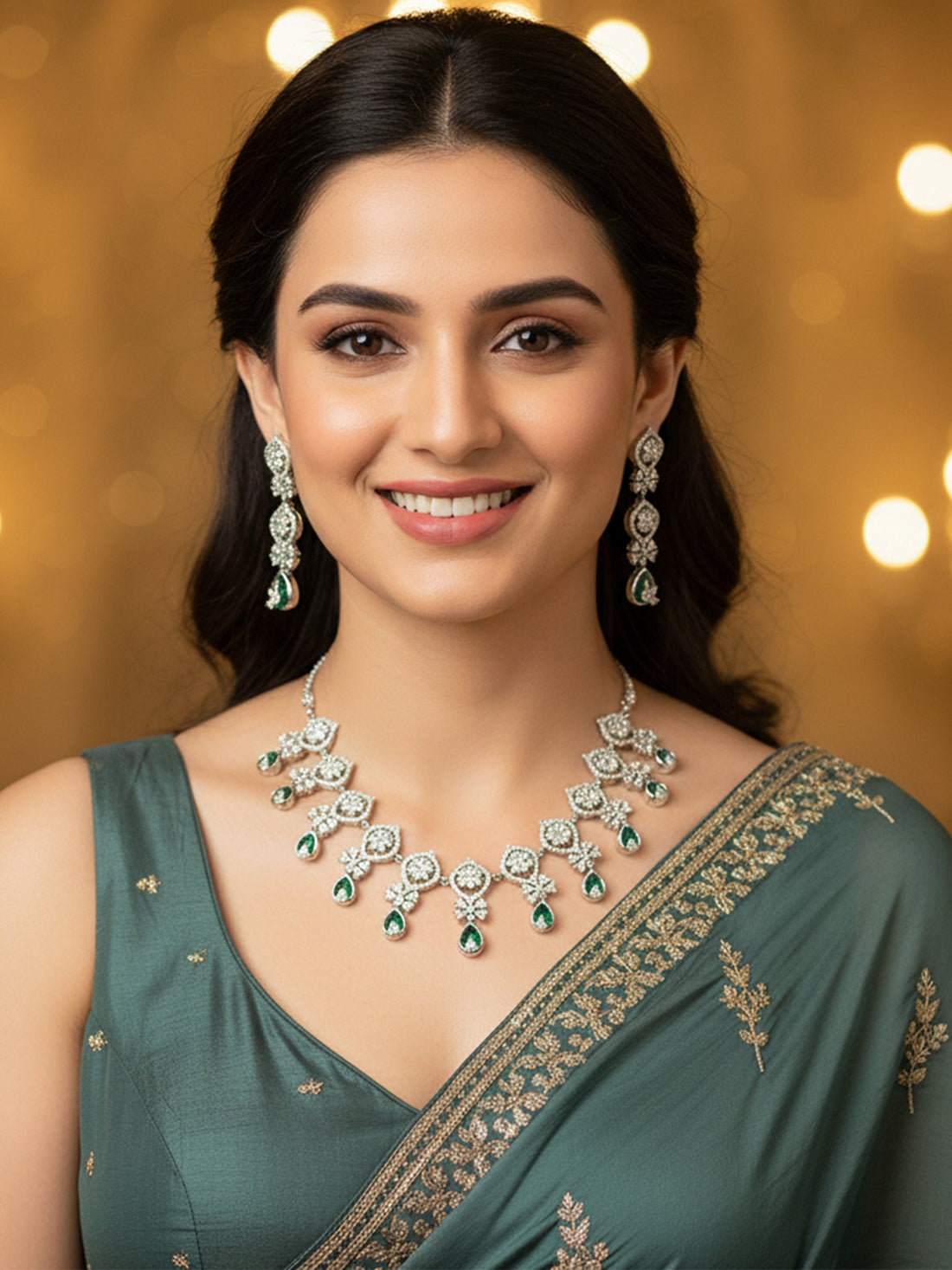 KARATCART Traditional Green American Diamond Studded Floral Silver-Tone Necklace Set for Women