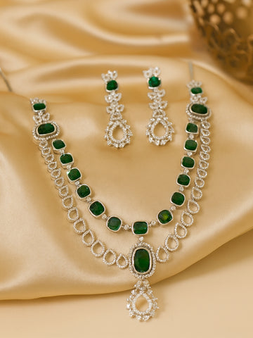 KARATCART Elegant Green American Diamond Dual-Layer Silver-Plated Jewellery Set for Women