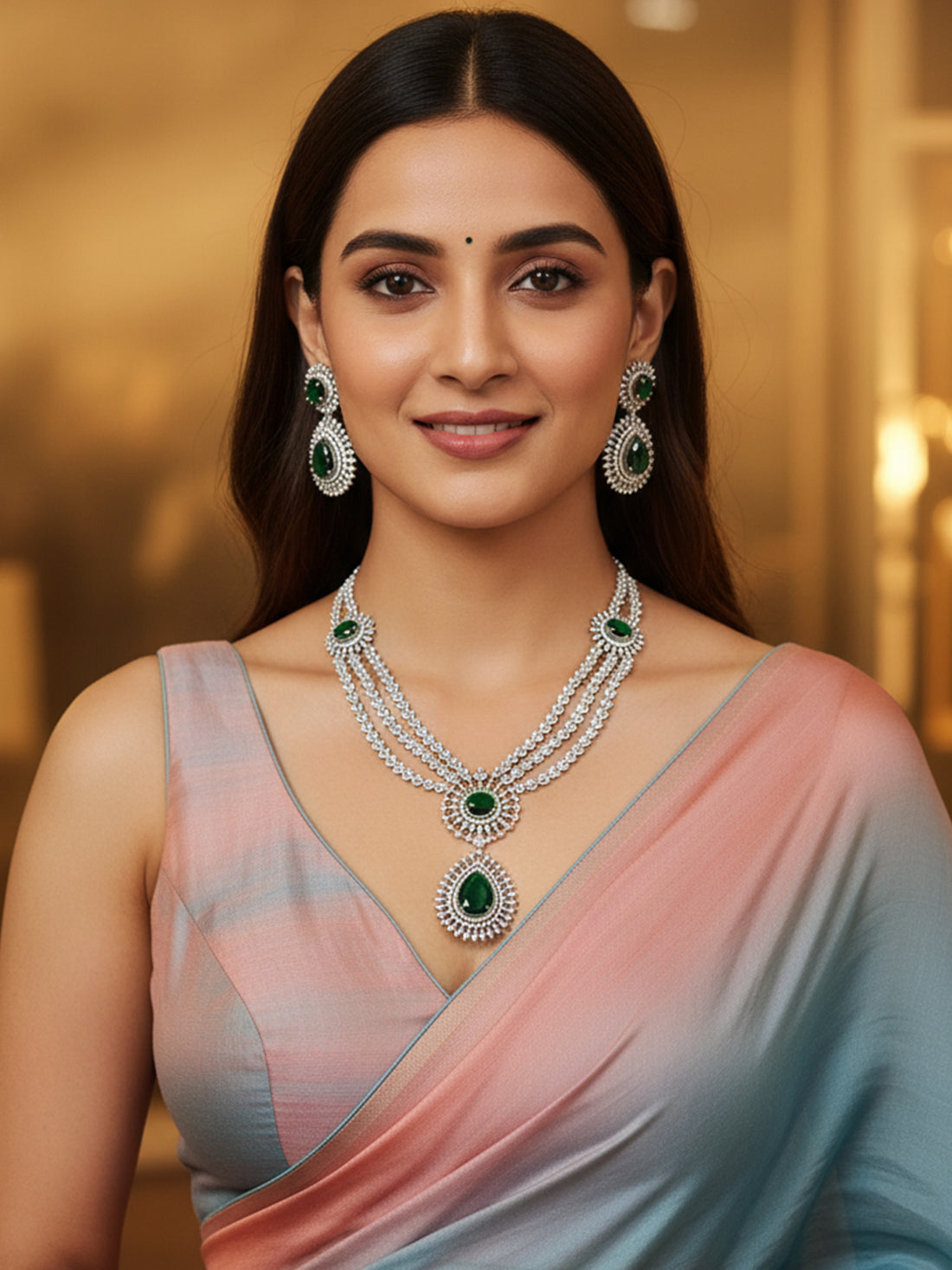 KARATCART Traditional Green American Diamond Multilayer Rani Haar Jewellery Set for Women