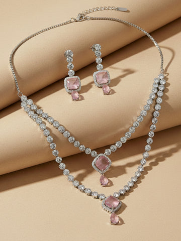 KARATCART Elegant Pink American Diamond Dual-Layer Silver-Plated Jewellery Set for Women