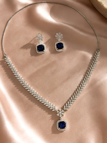 KARATCART Sparkling Blue American Diamond Lightweight Silver-Tone Jewellery Set for Women