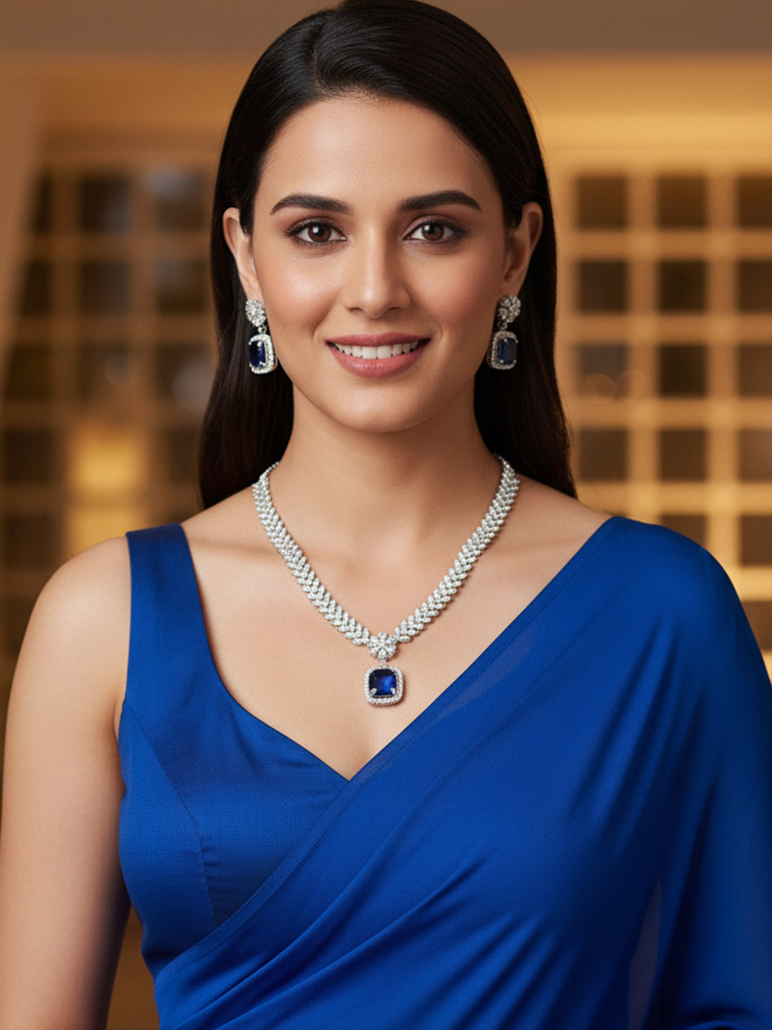 KARATCART Sparkling Blue American Diamond Lightweight Silver-Tone Jewellery Set for Women