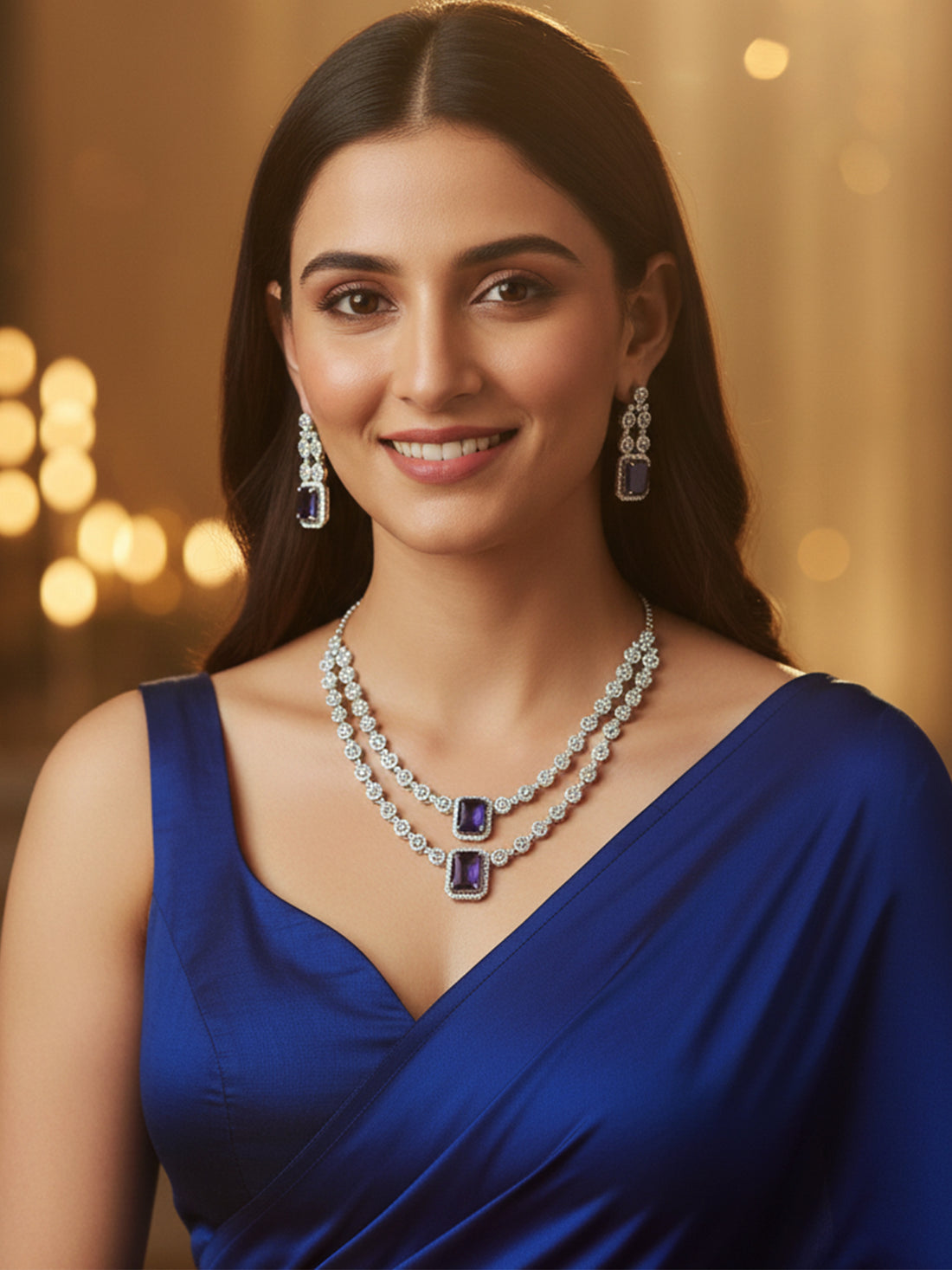 KARATCART Elegant Blue American Diamond Dual-Layer Silver-Plated Jewellery Set for Women