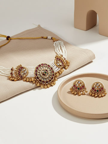 KARATCART Radiant Red & Green Stone Ethnic Gold-Plated Royal Necklace Set for Women