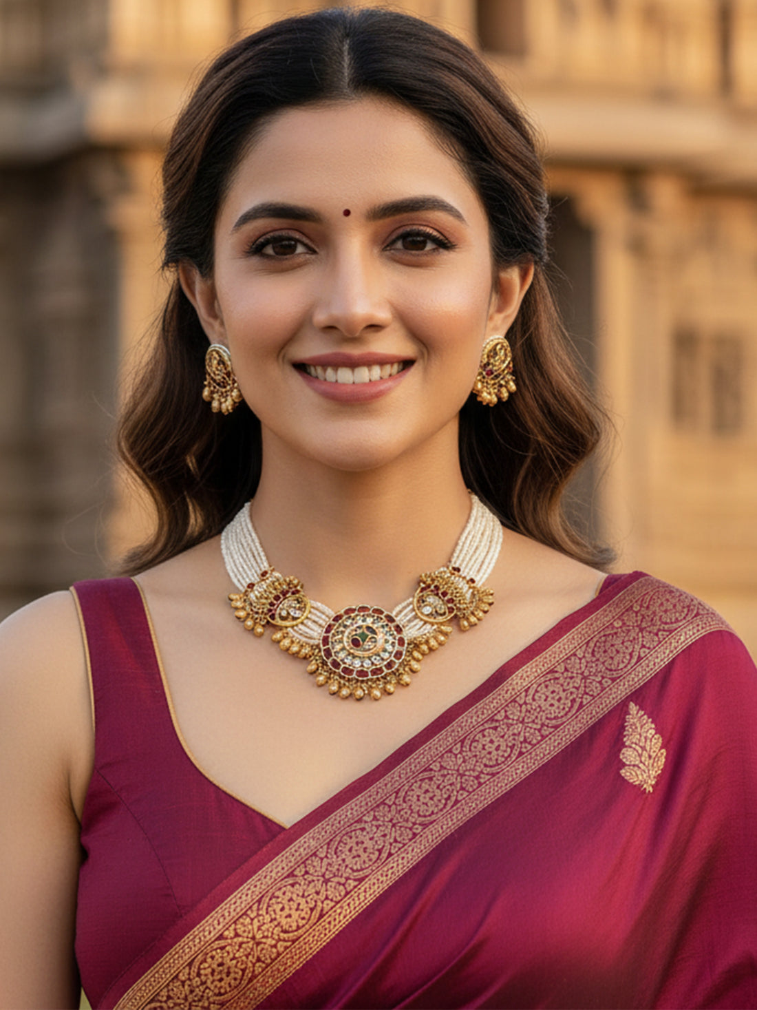 KARATCART Radiant Red & Green Stone Ethnic Gold-Plated Royal Necklace Set for Women