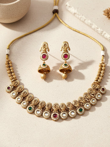 KARATCART Traditional Gold-Plated Antique-Finish Temple-Inspired Necklace Set for Women