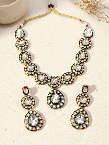 Kararcart Gold Plated Green Enamal Polki Kundan Neckalce Set for Women