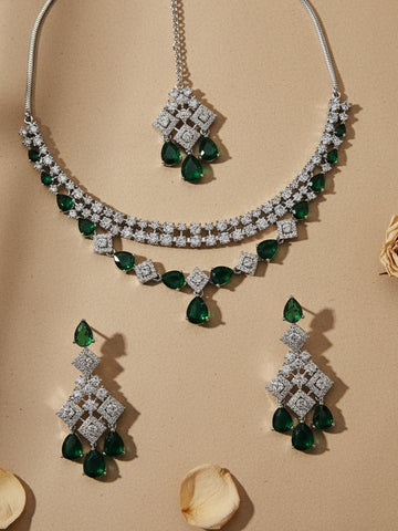 KARATCART Stunning Green American Diamond Silver-Plated Jewellery Set for Women