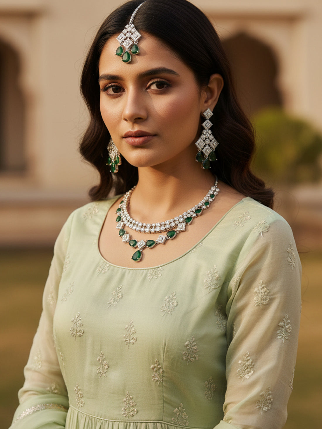 KARATCART Stunning Green American Diamond Silver-Plated Jewellery Set for Women