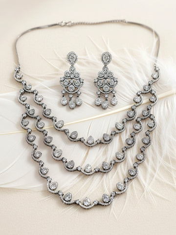 KARATCART Dazzling Black Silver-Plated Multi-Layer American Diamond Necklace Set for Women