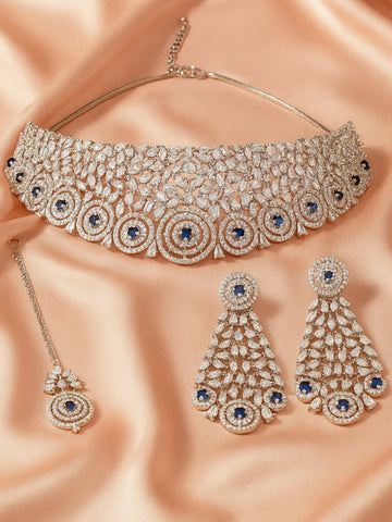 Silver-Plated White & Blue American Diamond Studded Jewellery Set