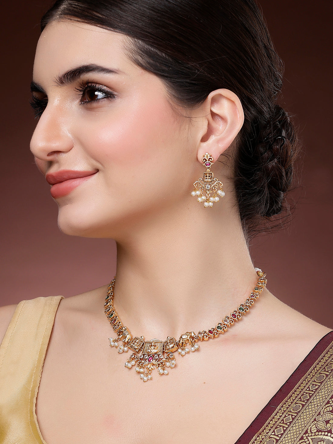 Karatcart Gold Plated Red and Green Stones Laxmi Mata Temple Jewellery Set for Women
