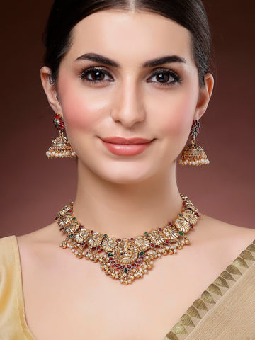Karatcart Gold Plated Laxmi Mata and Peacock Design Temple Jewellery Set for Women