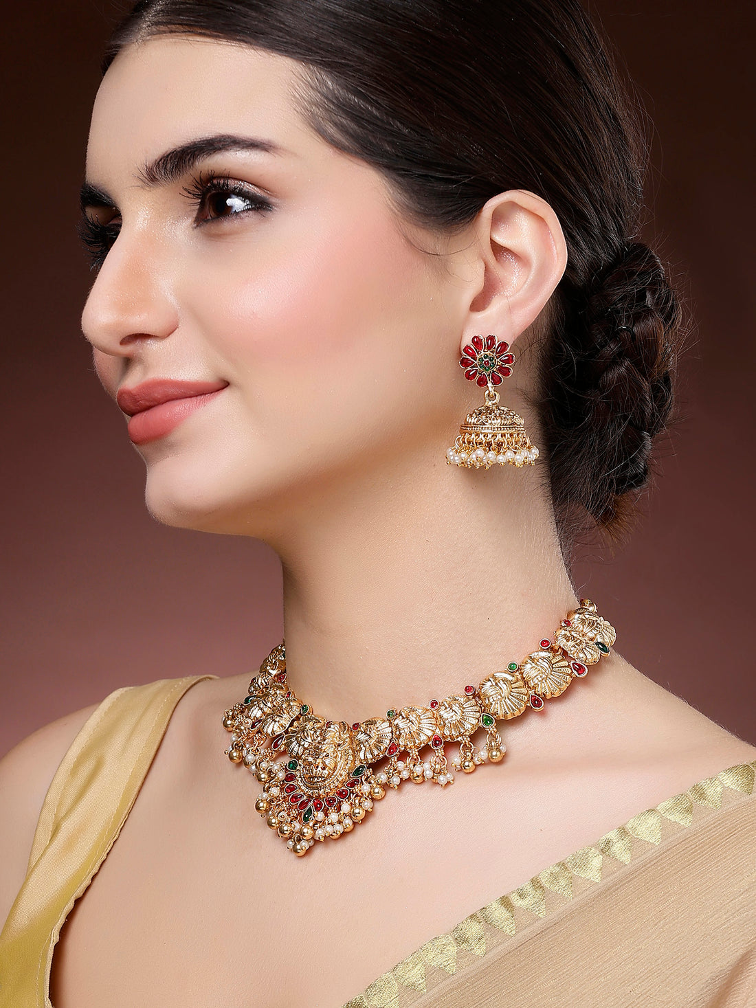 Karatcart Gold Plated Laxmi Mata and Peacock Design Temple Jewellery Set for Women