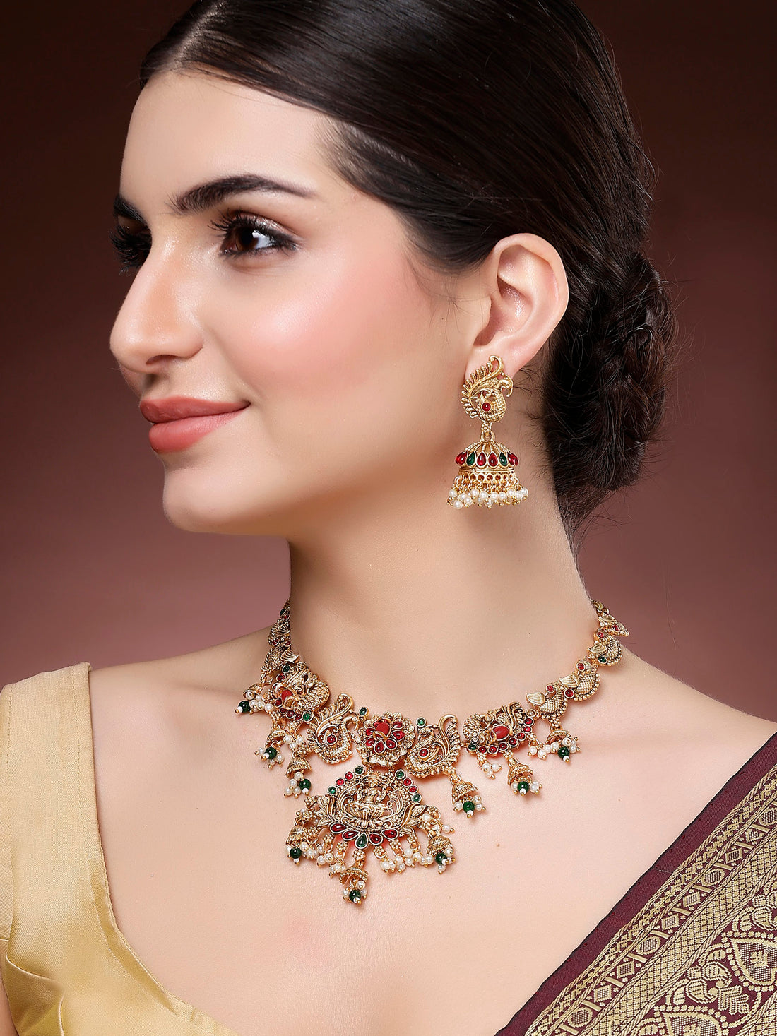 Karatcart Gold Plated Red Beads Laxmi Mata and Peacock Design Choker Necklace Set for Women