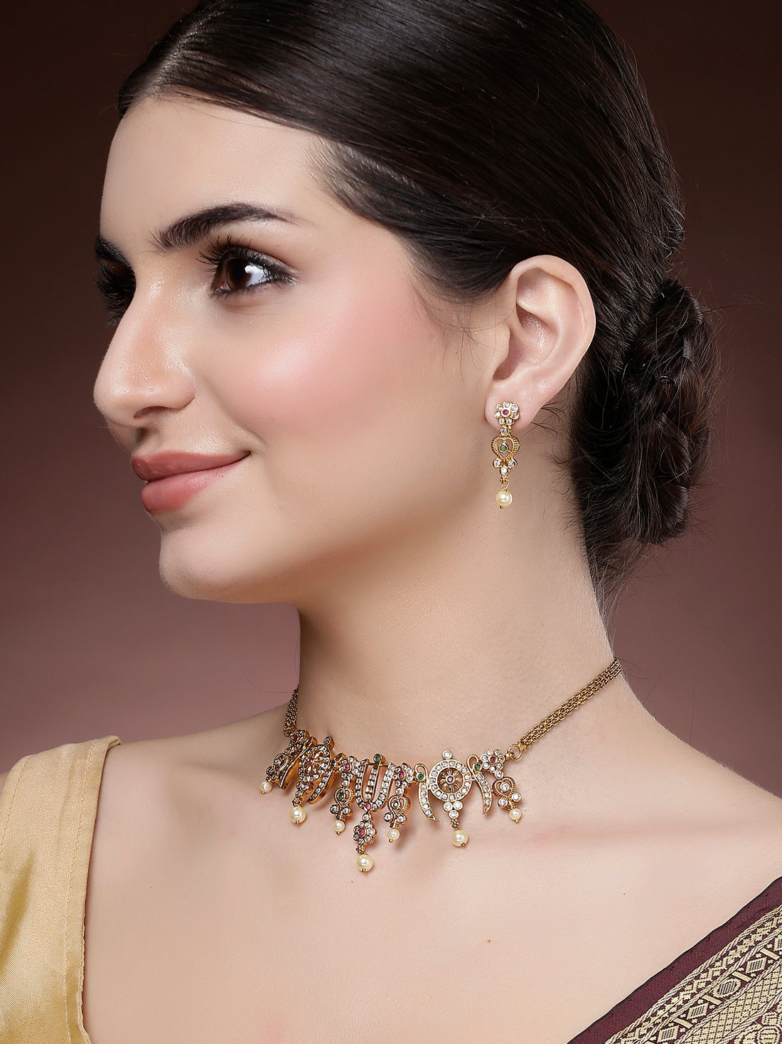 Karatcart Gold Plated Crystal Studded Temple Jewellery Set for Women