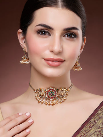 Karatcart Gold Plated Red and Green Floral & Peacock Design Choker Temple Jewellery Set for Women