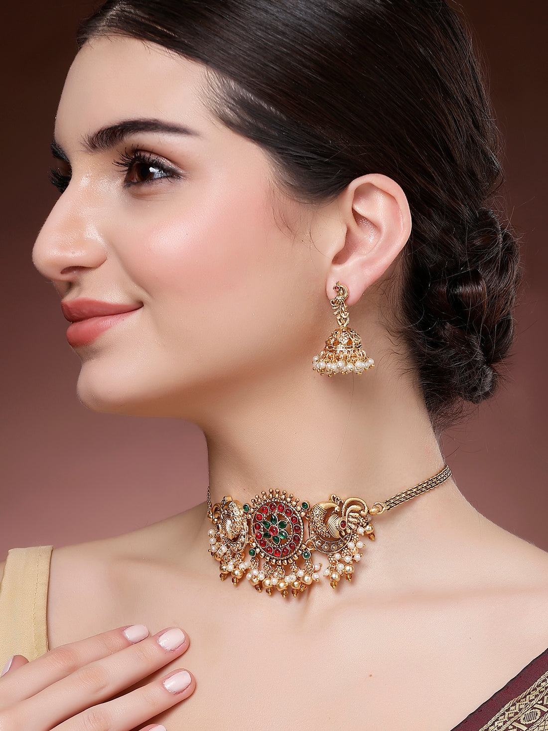 Karatcart Gold Plated Red and Green Floral & Peacock Design Choker Temple Jewellery Set for Women