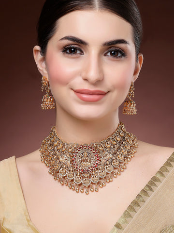 Karatcart Gold Plated Red Beads Studded Laxmi Mata Temple Jewellery Set for Women