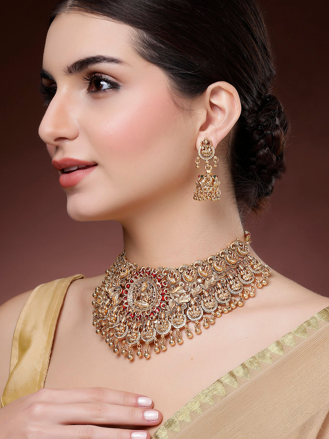 Karatcart Gold Plated Red Beads Studded Laxmi Mata Temple Jewellery Set for Women
