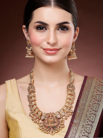 Karatcart Gold Plated Laxmi Mata and Peacock Design Long Rani Haar Temple Jewellery Set for Women