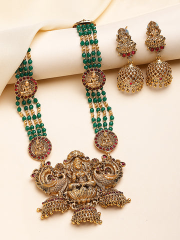 KARATCART Traditional Gold Plated Green Crystal Beaded Lakshmi Mata Rani Haar Necklace Set