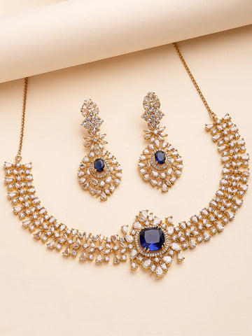 KARATCART Elegant Gold-Plated Blue American Diamond Necklace Set for Women